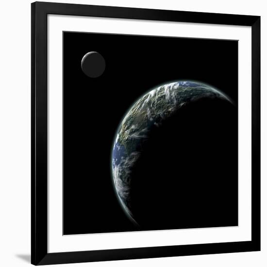 An Earth-Like Planet with an Orbiting Moon Illuminated by a Nearby Sun-null-Framed Art Print