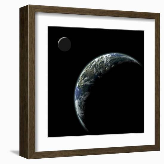 An Earth-Like Planet with an Orbiting Moon Illuminated by a Nearby Sun-null-Framed Art Print