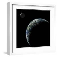 An Earth-Like Planet with an Orbiting Moon Illuminated by a Nearby Sun-null-Framed Art Print