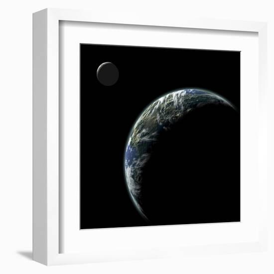 An Earth-Like Planet with an Orbiting Moon Illuminated by a Nearby Sun-null-Framed Art Print