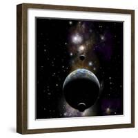 An Earth Type World with Two Moons Against a Background of Nebula and Stars-null-Framed Art Print