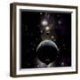 An Earth Type World with Two Moons Against a Background of Nebula and Stars-null-Framed Art Print