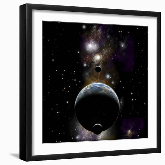 An Earth Type World with Two Moons Against a Background of Nebula and Stars-null-Framed Art Print