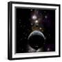 An Earth Type World with Two Moons Against a Background of Nebula and Stars-null-Framed Art Print