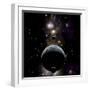 An Earth Type World with Two Moons Against a Background of Nebula and Stars-null-Framed Art Print