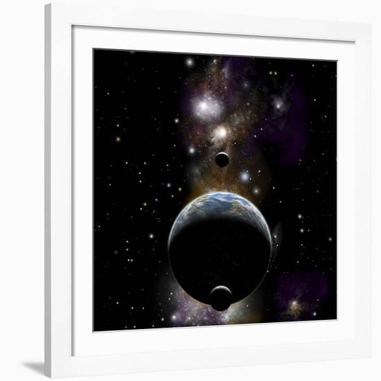 An Earth Type World with Two Moons Against a Background of Nebula and Stars-null-Framed Art Print