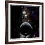 An Earth Type World with Two Moons Against a Background of Nebula and Stars-null-Framed Art Print