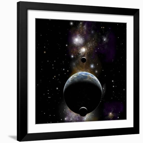 An Earth Type World with Two Moons Against a Background of Nebula and Stars-null-Framed Art Print