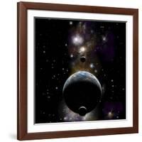 An Earth Type World with Two Moons Against a Background of Nebula and Stars-null-Framed Art Print