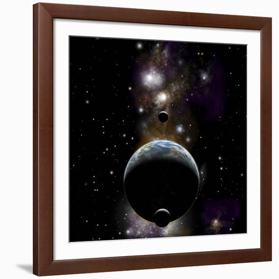 An Earth Type World with Two Moons Against a Background of Nebula and Stars-null-Framed Art Print