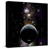 An Earth Type World with Two Moons Against a Background of Nebula and Stars-null-Stretched Canvas