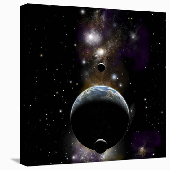 An Earth Type World with Two Moons Against a Background of Nebula and Stars-null-Stretched Canvas