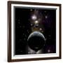 An Earth Type World with Two Moons Against a Background of Nebula and Stars-null-Framed Premium Giclee Print