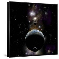 An Earth Type World with Two Moons Against a Background of Nebula and Stars-null-Framed Stretched Canvas