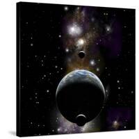 An Earth Type World with Two Moons Against a Background of Nebula and Stars-null-Stretched Canvas