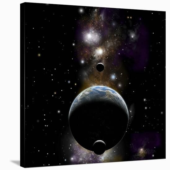 An Earth Type World with Two Moons Against a Background of Nebula and Stars-null-Stretched Canvas