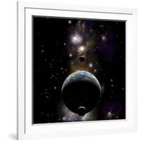 An Earth Type World with Two Moons Against a Background of Nebula and Stars-null-Framed Art Print