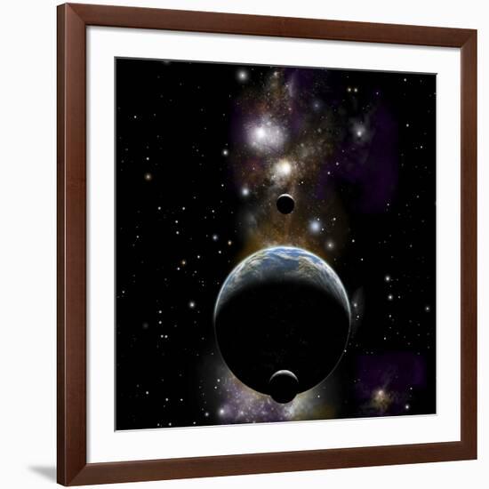 An Earth Type World with Two Moons Against a Background of Nebula and Stars-null-Framed Art Print