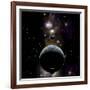 An Earth Type World with Two Moons Against a Background of Nebula and Stars-null-Framed Art Print