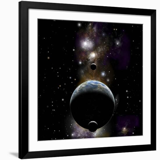 An Earth Type World with Two Moons Against a Background of Nebula and Stars-null-Framed Art Print