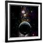 An Earth Type World with Two Moons Against a Background of Nebula and Stars-null-Framed Art Print