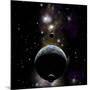 An Earth Type World with Two Moons Against a Background of Nebula and Stars-null-Mounted Art Print