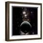 An Earth Type World with Two Moons Against a Background of Nebula and Stars-null-Framed Art Print