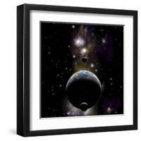 An Earth Type World with Two Moons Against a Background of Nebula and Stars-null-Framed Art Print