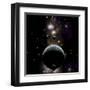 An Earth Type World with Two Moons Against a Background of Nebula and Stars-null-Framed Art Print