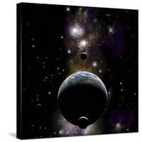 An Earth Type World with Two Moons Against a Background of Nebula and Stars-null-Stretched Canvas