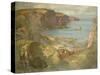 An East Coast Fishing Village, Possibly St. Abbs, with Trawlers Anchored Offshore-James Whitelaw Hamilton-Stretched Canvas