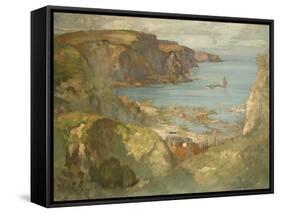 An East Coast Fishing Village, Possibly St. Abbs, with Trawlers Anchored Offshore-James Whitelaw Hamilton-Framed Stretched Canvas