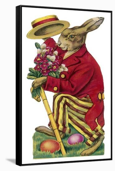 An Easter Rabbit Wearing a Red Coat and Stripy Trousers Brings Someone a Bouquet of Flowers-null-Framed Stretched Canvas