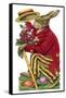 An Easter Rabbit Wearing a Red Coat and Stripy Trousers Brings Someone a Bouquet of Flowers-null-Framed Stretched Canvas