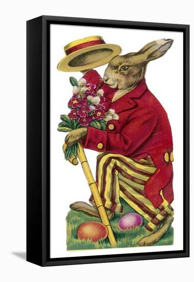 An Easter Rabbit Wearing a Red Coat and Stripy Trousers Brings Someone a Bouquet of Flowers-null-Framed Stretched Canvas