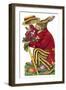 An Easter Rabbit Wearing a Red Coat and Stripy Trousers Brings Someone a Bouquet of Flowers-null-Framed Art Print