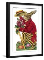 An Easter Rabbit Wearing a Red Coat and Stripy Trousers Brings Someone a Bouquet of Flowers-null-Framed Art Print