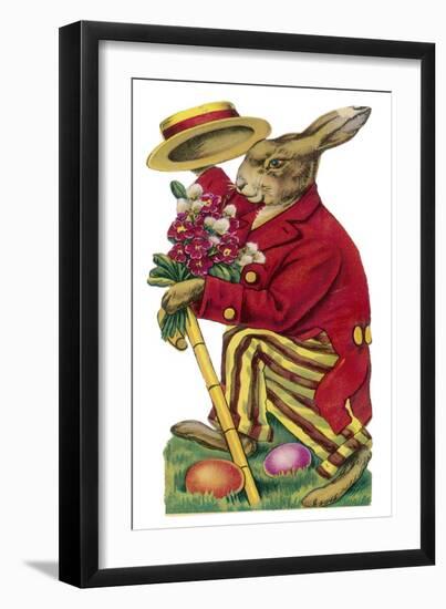An Easter Rabbit Wearing a Red Coat and Stripy Trousers Brings Someone a Bouquet of Flowers-null-Framed Art Print