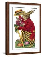 An Easter Rabbit Wearing a Red Coat and Stripy Trousers Brings Someone a Bouquet of Flowers-null-Framed Art Print