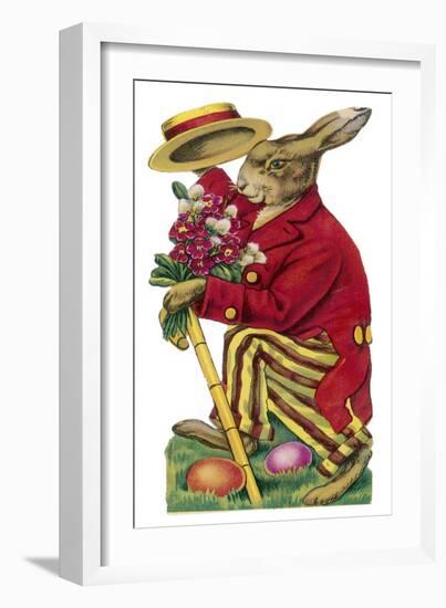 An Easter Rabbit Wearing a Red Coat and Stripy Trousers Brings Someone a Bouquet of Flowers-null-Framed Art Print