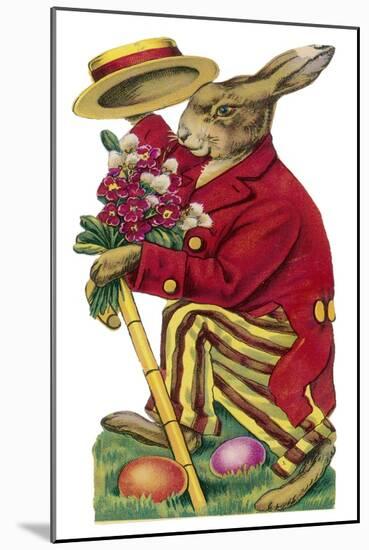 An Easter Rabbit Wearing a Red Coat and Stripy Trousers Brings Someone a Bouquet of Flowers-null-Mounted Art Print