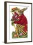 An Easter Rabbit Wearing a Red Coat and Stripy Trousers Brings Someone a Bouquet of Flowers-null-Framed Art Print