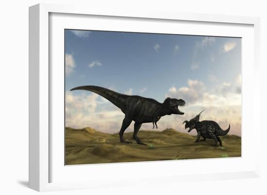 An Einiosaurus Is Confronted by a Tyrannosaurus Rex-null-Framed Art Print