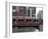 An El Train on the Elevated Train System Crossing Wells Street Bridge, Chicago, Illinois, USA-Amanda Hall-Framed Photographic Print