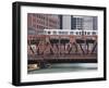 An El Train on the Elevated Train System Crossing Wells Street Bridge, Chicago, Illinois, USA-Amanda Hall-Framed Photographic Print