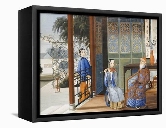 An Elderly Gentleman Listening to a Flautist in an Interior, Chinese School, Mid 19th Century-null-Framed Stretched Canvas