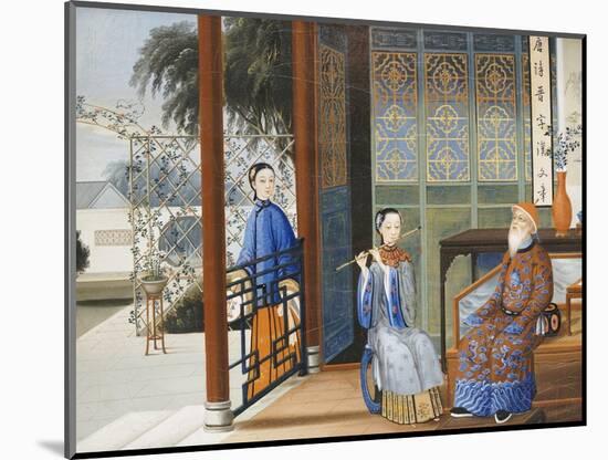 An Elderly Gentleman Listening to a Flautist in an Interior, Chinese School, Mid 19th Century-null-Mounted Premium Giclee Print