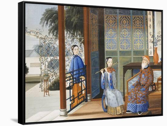 An Elderly Gentleman Listening to a Flautist in an Interior, Chinese School, Mid 19th Century-null-Framed Stretched Canvas