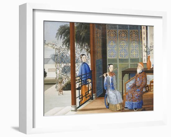 An Elderly Gentleman Listening to a Flautist in an Interior, Chinese School, Mid 19th Century-null-Framed Giclee Print