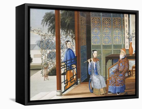 An Elderly Gentleman Listening to a Flautist in an Interior, Chinese School, Mid 19th Century-null-Framed Stretched Canvas